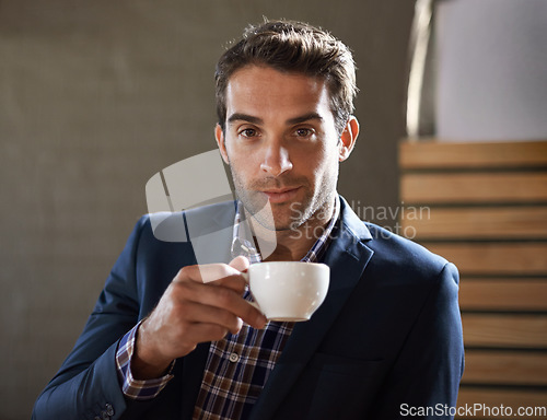 Image of Business man at cafe, coffee and portrait, serious person relax on lunch break and social time. Hospitality industry, professional male customer at restaurant with confidence and cup with espresso