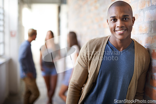 Image of Education, university and portrait of black man with smile for motivation, knowledge and learning. College, academy scholarship and male student with friends on campus for studying, class and school