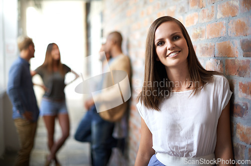 Image of Education, happy and portrait of woman in hallway for academic exam, knowledge and learning. University, academy scholarship and female student with friends on campus for studying, college or school