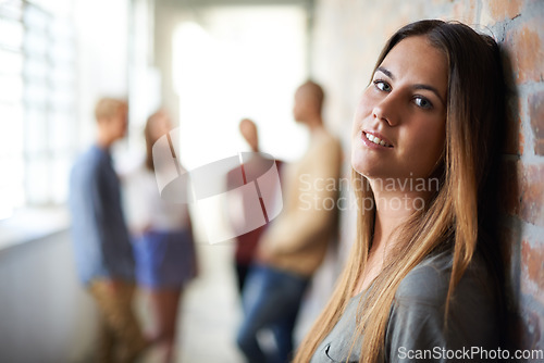 Image of University, corridor and portrait of woman for education, knowledge and learning in building. College, academy scholarship and female student with friends on campus for studying, class and school