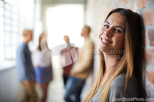 Image of University, education or portrait of woman with smile for studying, knowledge or learning. College, academy or scholarship female student with friends in campus hallway for academic, class and school