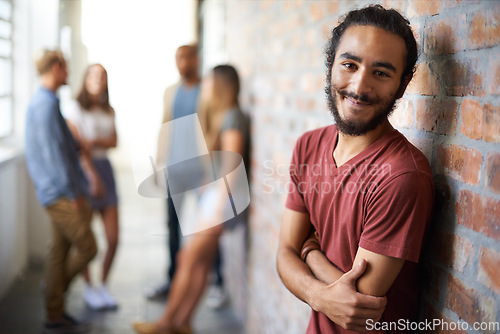 Image of Education, university and happy portrait of man with smile for motivation, knowledge and learning. College, scholarship and face of male student with friends on campus for studying, class and school