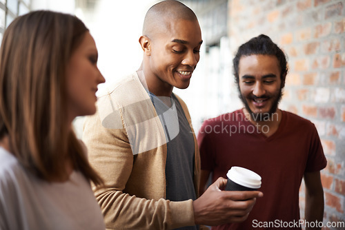 Image of College, friends or students talking with coffee in a hallway for discussion, happiness and a drink. Diversity men and a woman at campus or university for a happy chat or conversation about education