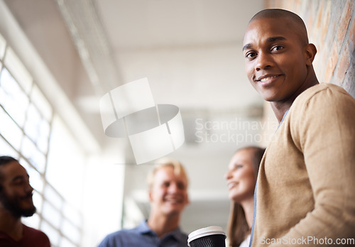 Image of Education, university and happy portrait of black man with smile for motivation, knowledge and learning. College, academy and male student with friends in campus hallway for studying, class or school