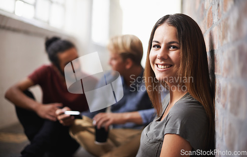 Image of University, hallway and portrait of woman with smile for education, knowledge and learning. College, academy scholarship and happy female student with friends on campus for studying, class or school