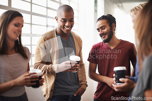 Image of Coffee, talking and friends or happy students in a hallway for discussion, happiness or drink. Group of diversity men and women at campus or university for chat or conversation about education career