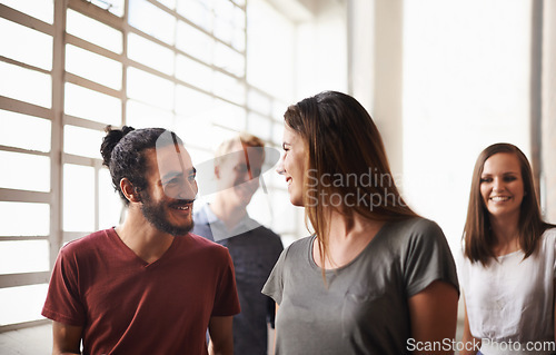 Image of College, friends and talking while walking together in hallway for discussion or chat. Group of diversity men and women students at campus or university for happy conversation about education career