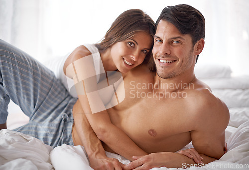 Image of Love, bedroom portrait and happy couple hug during morning peace, calm or bonding quality time together. Smile, vacation and romantic people relax in hotel bed for Valentines Day holiday in Argentina