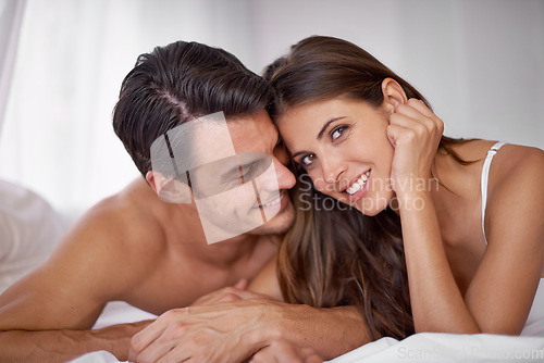 Image of Bedroom love, face portrait and happy couple relax for morning peace, calm and quality time together in Toronto Canada. Smile, vacation or romantic people bond in hotel bed for Valentines Day holiday