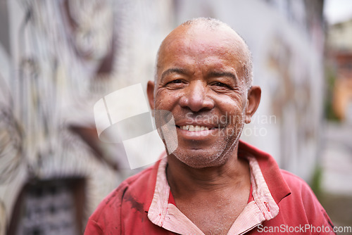 Image of Portrait, smile and happy old man outdoors, relaxed and carefree while enjoying the weekend. Face, retirement and senior mexican male person enjoying retired lifestyle, cheerful and content in Mexico