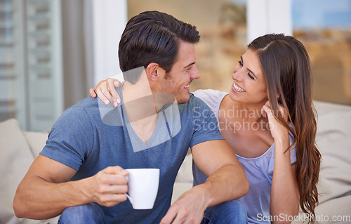 Image of Happy couple relax outdoor with coffee, love and trust in relationship, care and support with commitment. Romance at home, man and woman with smile, spending quality time together with beverage