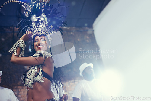 Image of Festival light, carnival dancer and woman smile with mockup and social celebration in Brazil. Mardi gras, dancing and culture event costume with a young female person with happiness from performance