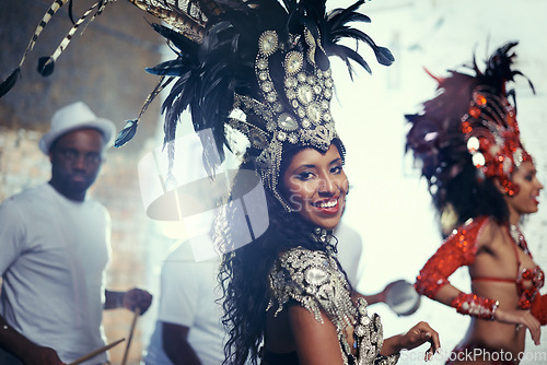 Image of Festival portrait, carnival dancer and woman smile with music and party celebration in Brazil. Mardi gras, dancing and culture event costume with young female person with happiness from performance