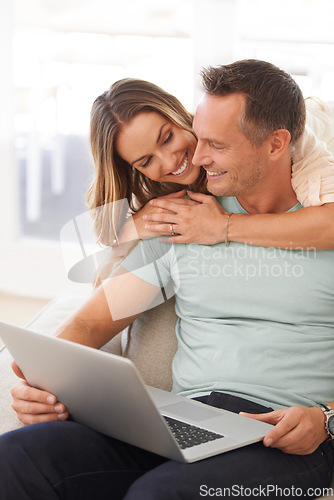 Image of Laptop, hug and happy couple with home internet for online support, website review or planning marriage together. Affection, love and relax and mature woman, partner or people on computer technology