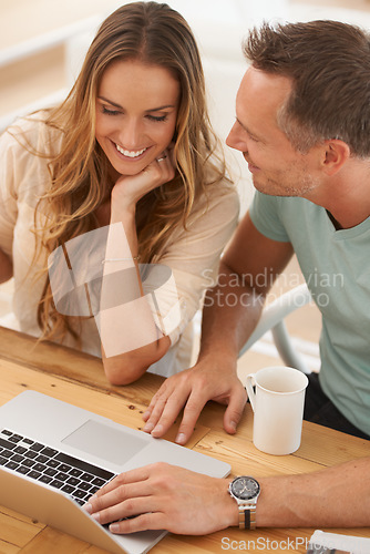 Image of Happy couple, laptop and table with online planning, website review, check feedback or application for information. Woman with partner or people scroll, reading and search on computer for insurance