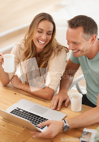 Image of Business people, partner and laptop laughing together for online meme, social media or reading funny news. Happy woman with man or clients at tablet with coffee cup or tea for networking on computer