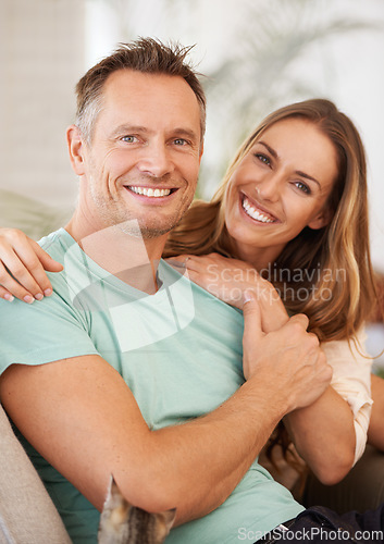 Image of Portrait, marriage and couple with love, hug and bonding for relationship, happiness and partners. Face, happy man and woman with a smile, loving and romance with affection, home and quality time