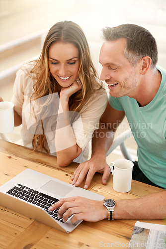 Image of Computer, planning and happy couple with online application, digital review and check website for information. Mature partner or people show results, search or reading on laptop for ideas at home