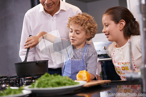 Image of Food, father or happy kids learning cooking skills for a healthy dinner with green vegetables at home. Kids learning, helping dad or young siblings mixing meal pot for diet in kitchen with parent