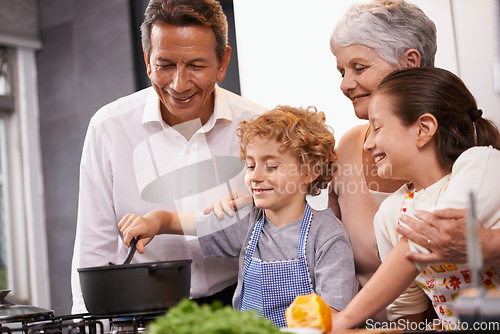 Image of Pot, happy kids or grandparents teaching cooking skills for a healthy dinner with vegetables diet at home. Learning, children siblings helping or grandmother with old man or food nutrition in kitchen