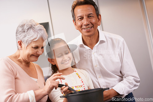 Image of Portrait, happy girl or grandparents teaching cooking skills for healthy dinner with vegetables diet at home. Learning, young child helping or grandmother with old man, smile or food meal in kitchen