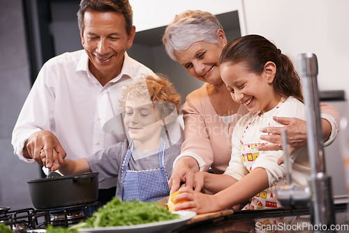 Image of Help, happy kids or grandparents teaching cooking skills for a healthy dinner with vegetables diet at home. Learning, children siblings helping or grandmother with old man or food meal in kitchen