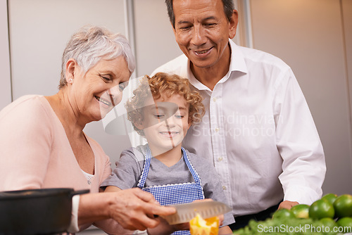 Image of Smile, happy boy or grandparents teaching cooking skills for healthy dinner with vegetables diet at home. Learning, young male child helping or grandmother with old man, kid or food meal in kitchen