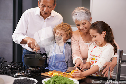 Image of Help, happy children or grandparents teaching cooking skills for a healthy dinner with vegetables diet at home. Learning, kids siblings helping or grandmother with old man or food meal in kitchen