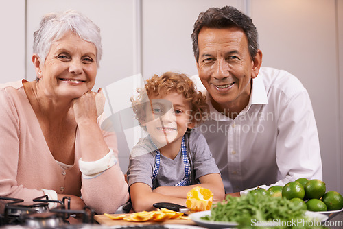 Image of Portrait happy boy or grandparents teaching cooking skills for dinner with vegetables diet in family home. Learning, child helping or grandmother with old man, kid or healthy food meal in kitchen