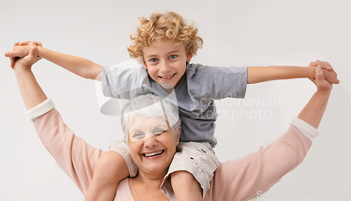 Image of Portrait, piggyback or grandmother with a happy child or smile hugging with love in family home. Elderly grandma, boy or fun old woman relaxing, bonding or playing together in retirement on holiday