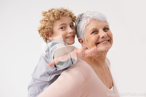 Image of Portrait, piggyback or happy grandma with a playful child or smile hugging or smiling with love as a family together. Hand, boy or fun elderly grandmother relaxing, bonding or playing in retirement