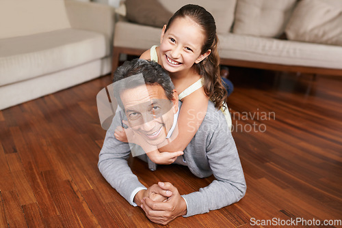 Image of Portrait, piggyback or happy grandpa with a child on the floor playing or hugging with love in family home. Elderly grandfather, kid or old man relaxing or bonding to enjoy quality time in retirement