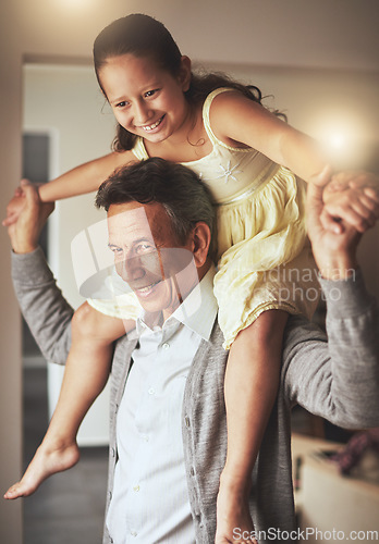 Image of Smile, piggyback or happy grandfather with a girl playing or holding hands with love in family home. Elderly grandpa, kid or old man relaxing, bonding or enjoying quality time together in retirement