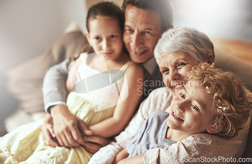 Image of Smile, relax or happy grandparents with a children hug to embrace love together in family home in retirement. Elderly grandma, old man or kids relaxing, bonding or enjoying quality time together