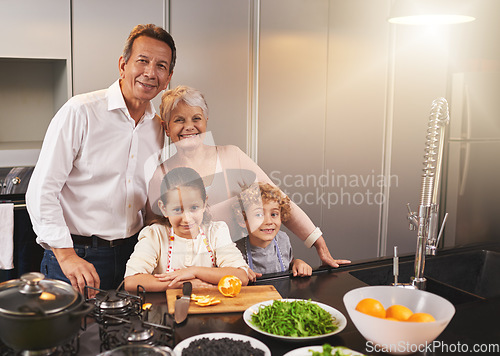 Image of Portrait, grandparents or happy kids cooking food for a healthy dinner with fresh organic green vegetables. Senior or kids with grandmother or old man for a lunch diet in a house kitchen together