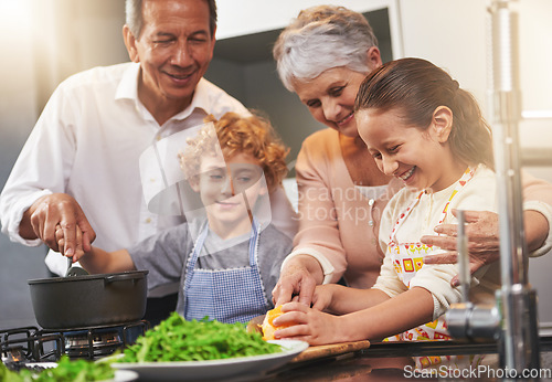 Image of Pot, happy children or grandparents teaching cooking skills for a healthy dinner with vegetables diet at home. Learning, kids siblings helping or grandmother with old man or food meal in kitchen