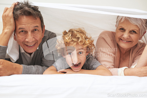 Image of Portrait, grandparents or excited boy in bedroom to relax together for bonding in Australia with love or care. Morning, faces or happy grandmother with funny kid or old man to enjoy quality bed time