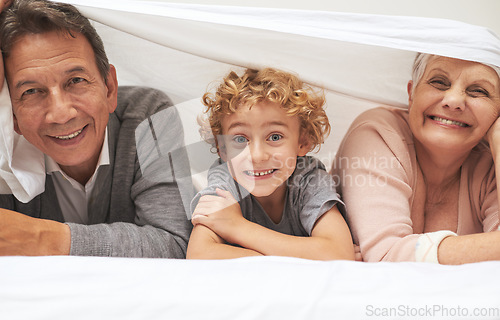 Image of Portrait, grandparents or happy boy in bedroom to relax together for bonding in Australia with love at home. Morning, faces or grandmother with funny cute kid or old man to enjoy quality time on bed