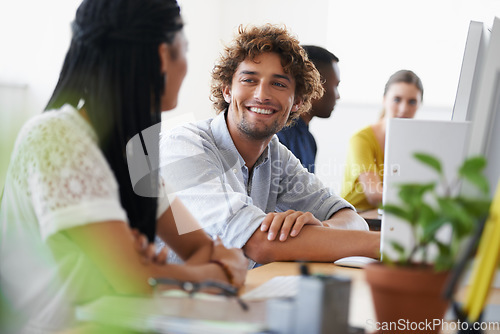 Image of Happy man, break or people in office talking, chatting or speaking of gossip or business news together. Bond, smile or relaxed employees in conversation or discussion about on blog or article at desk