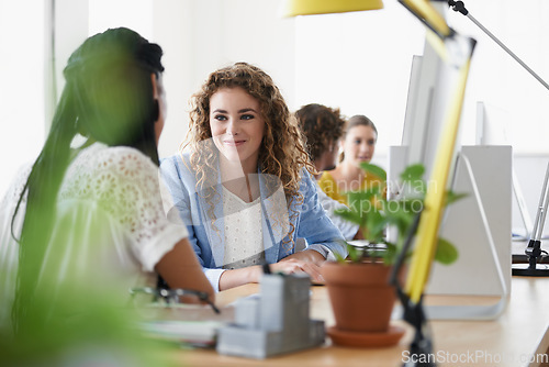 Image of Office, woman or women on break talking, chatting or speaking of people or gossip news together. Bonding, friends laughing or relaxed employees in conversation or discussion about team plan at desk