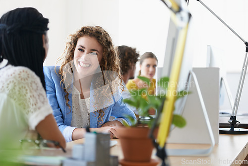 Image of Funny, happy woman or business women on break talking, chatting or speaking of gossip news together. Bonding, friends laughing or relaxed employees in conversation or discussion about people at desk