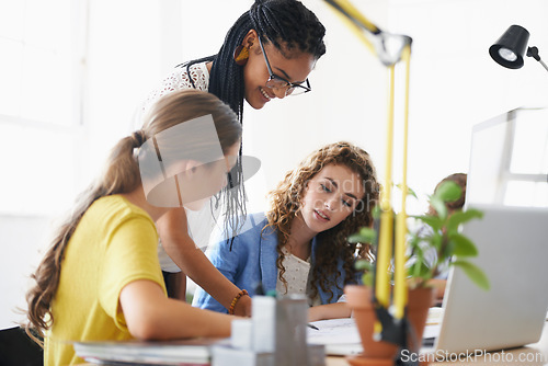 Image of Women, architecture or happy mentor planning planning a project talking with leadership in meeting. Coaching, laptop or team of designers for a floor plan strategy or ideas in engineering blueprint