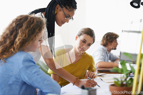 Image of Women, floor plan or engineering mentor writing or planning an project talking with leadership in meeting. Coaching, teach or team of designers working on strategy or ideas of architecture blueprint