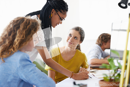 Image of People, floor plan or engineering manager writing or planning an project talking with leadership in meeting. Coaching, teamwork or designers working on strategy or ideas of architecture blueprint