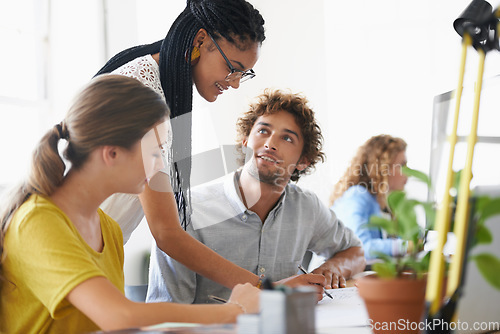 Image of Creative business people, coaching and writing in team planning, meeting or collaboration at office. Happy woman coach training staff in project plan for strategy or ideas in startup at the workplace