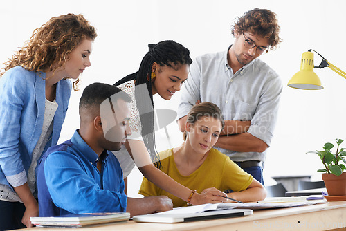 Image of Business people, documents and teamwork in planning, collaboration or meeting for strategy at office. Group of employees working on paperwork in diversity or team brainstorming for ideas at workplace