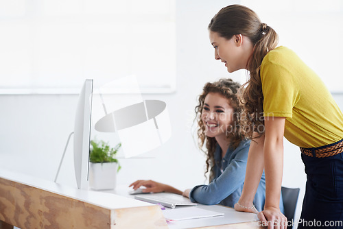 Image of Computer, happy woman or manager coaching a worker in startup or research project in digital agency. Smile, laptop or person helping, training or speaking of SEO data or online branding to employee