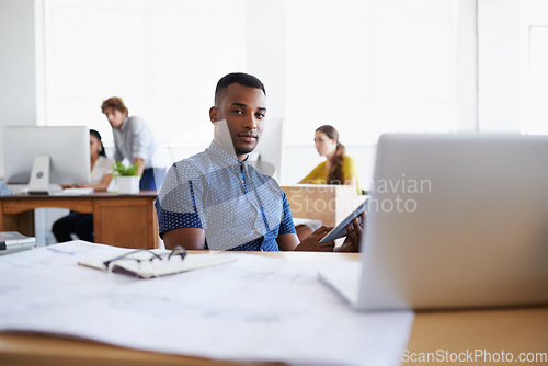 Image of Tablet, architect or portrait of black man in office for engineering project or online research. Architecture, digital or designer typing on web app for floor plan development or building blueprint