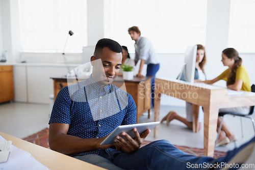 Image of Relax, architect or black man with tablet in office for engineering project or social media online. Research, digital or relaxed designer typing on web app for internet, database or architecture info