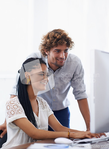 Image of Computer, happy people or manager coaching a woman in startup or research project in digital agency. Leadership, laptop or man helping, training or speaking of data or online networking to employee